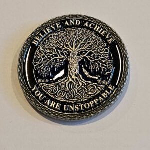 Cancer support challenge coin designed to inspire awareness and strength